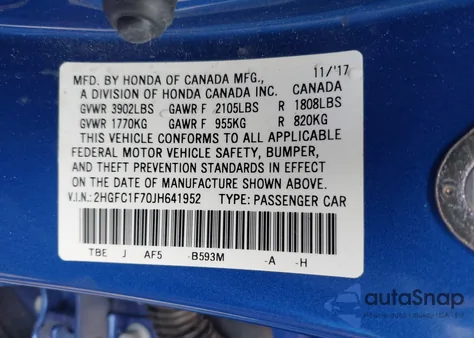 2018 Honda Civic Ex-L из США, поврежденный, VIN 2HGFC1F70JH641952